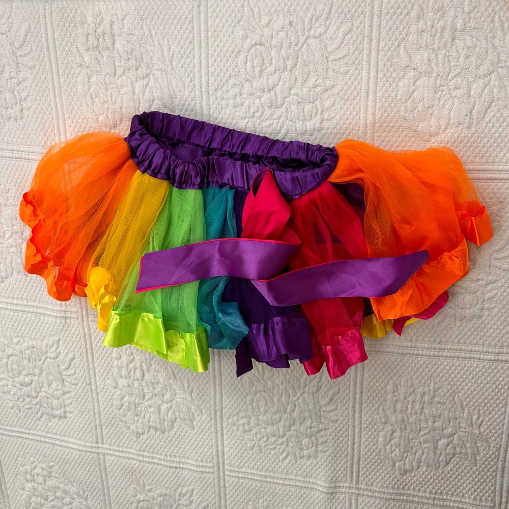 Kids Rainbow Tulle Tutu Skirt with Satin Trim and Bow Multi-Color Dress Up